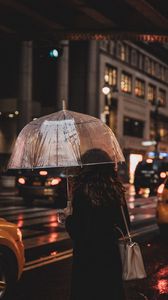 Preview wallpaper girl, umbrella, rain, street, night