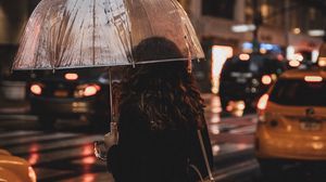 Preview wallpaper girl, umbrella, rain, street, night