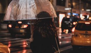 Preview wallpaper girl, umbrella, rain, street, night