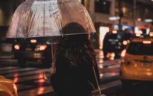 Preview wallpaper girl, umbrella, rain, street, night