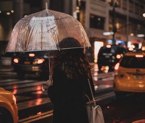 Preview wallpaper girl, umbrella, rain, street, night