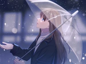 Preview wallpaper girl, umbrella, rain, anime, art, cartoon