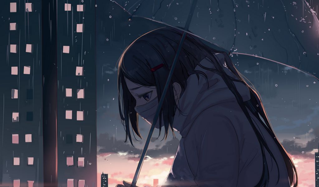 Download wallpaper 1024x600 girl, umbrella, rain, sad, anime netbook,  tablet hd background