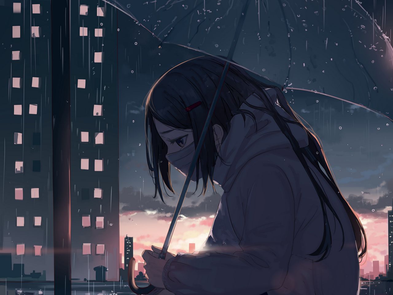 Download wallpaper 1280x960 girl, umbrella, rain, sad, anime standard 4:3  hd background