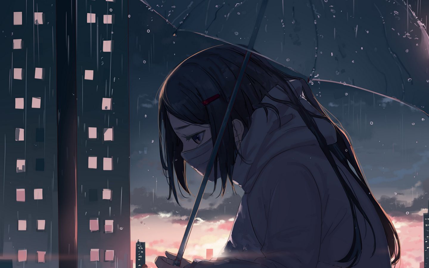 Download wallpaper 1440x900 girl, umbrella, rain, sad, anime widescreen  16:10 hd background