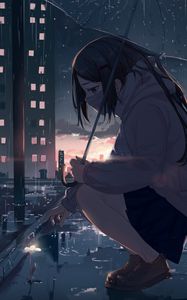 Preview wallpaper girl, umbrella, rain, sad, anime
