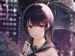 Preview wallpaper girl, umbrella, rain, night, anime