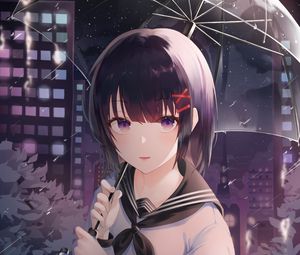 Preview wallpaper girl, umbrella, rain, night, anime