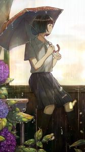 Preview wallpaper girl, umbrella, rain, garden, anime, art