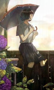 Preview wallpaper girl, umbrella, rain, garden, anime, art