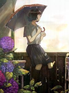 Preview wallpaper girl, umbrella, rain, garden, anime, art