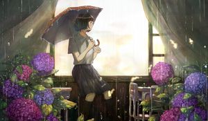Preview wallpaper girl, umbrella, rain, garden, anime, art