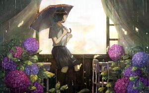 Preview wallpaper girl, umbrella, rain, garden, anime, art