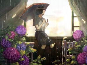 Preview wallpaper girl, umbrella, rain, garden, anime, art