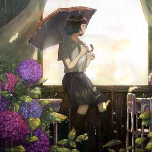 Preview wallpaper girl, umbrella, rain, garden, anime, art