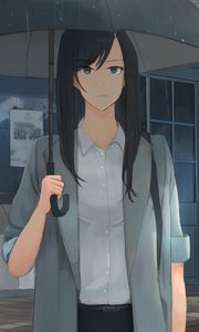 Preview wallpaper girl, umbrella, rain, shirt, anime