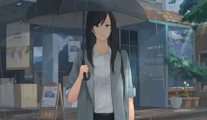 Preview wallpaper girl, umbrella, rain, shirt, anime