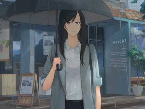 Preview wallpaper girl, umbrella, rain, shirt, anime