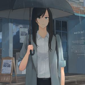 Preview wallpaper girl, umbrella, rain, shirt, anime