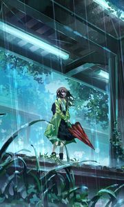 Preview wallpaper girl, umbrella, rain, station, anime