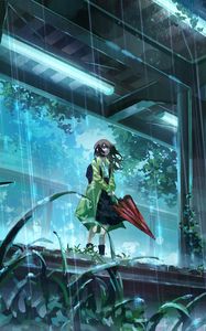Preview wallpaper girl, umbrella, rain, station, anime