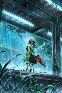 Preview wallpaper girl, umbrella, rain, station, anime