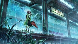 Preview wallpaper girl, umbrella, rain, station, anime