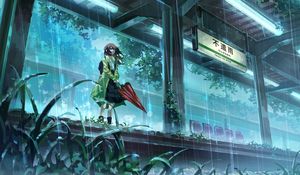 Preview wallpaper girl, umbrella, rain, station, anime