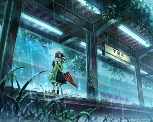 Preview wallpaper girl, umbrella, rain, station, anime