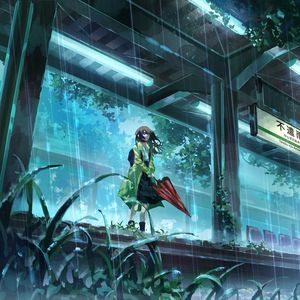 Preview wallpaper girl, umbrella, rain, station, anime