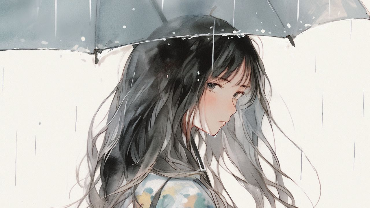 Wallpaper girl, umbrella, rain, watercolor, anime