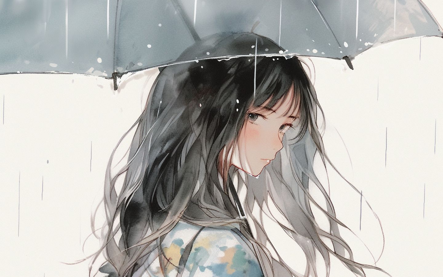 1440x900 Wallpaper girl, umbrella, <b>rain</b>, watercolor, anime.