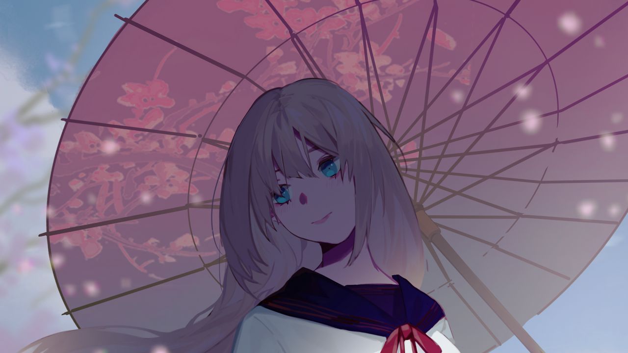 Wallpaper girl, umbrella, sakura, anime