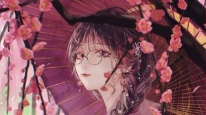Preview wallpaper girl, umbrella, sakura, kimono, glasses, anime