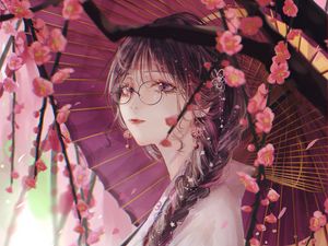 Preview wallpaper girl, umbrella, sakura, kimono, glasses, anime