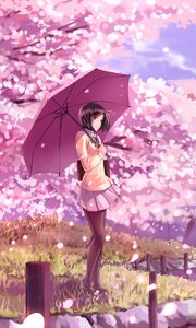 Preview wallpaper girl, umbrella, sakura, anime, art, cartoon