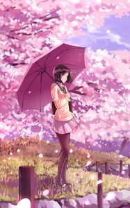 Preview wallpaper girl, umbrella, sakura, anime, art, cartoon