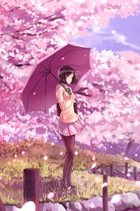 Preview wallpaper girl, umbrella, sakura, anime, art, cartoon