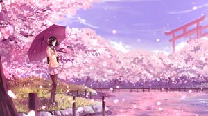 Preview wallpaper girl, umbrella, sakura, anime, art, cartoon