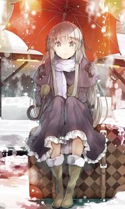 Preview wallpaper girl, umbrella, snow, hare, animal