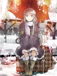 Preview wallpaper girl, umbrella, snow, hare, animal