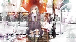 Preview wallpaper girl, umbrella, snow, hare, animal