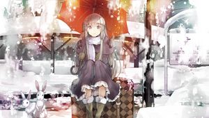 Preview wallpaper girl, umbrella, snow, hare, animal