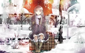 Preview wallpaper girl, umbrella, snow, hare, animal