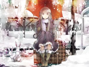 Preview wallpaper girl, umbrella, snow, hare, animal