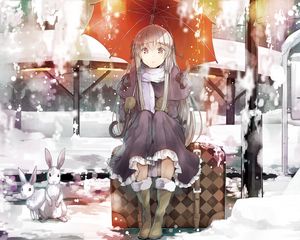 Preview wallpaper girl, umbrella, snow, hare, animal