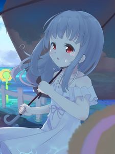 Preview wallpaper girl, umbrella, tears, sad, anime, art, cartoon