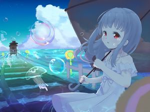 Preview wallpaper girl, umbrella, tears, sad, anime, art, cartoon