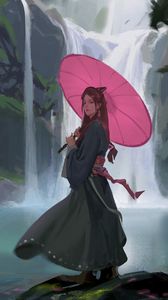 Preview wallpaper girl, umbrella, waterfall, art, japan
