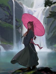 Preview wallpaper girl, umbrella, waterfall, art, japan